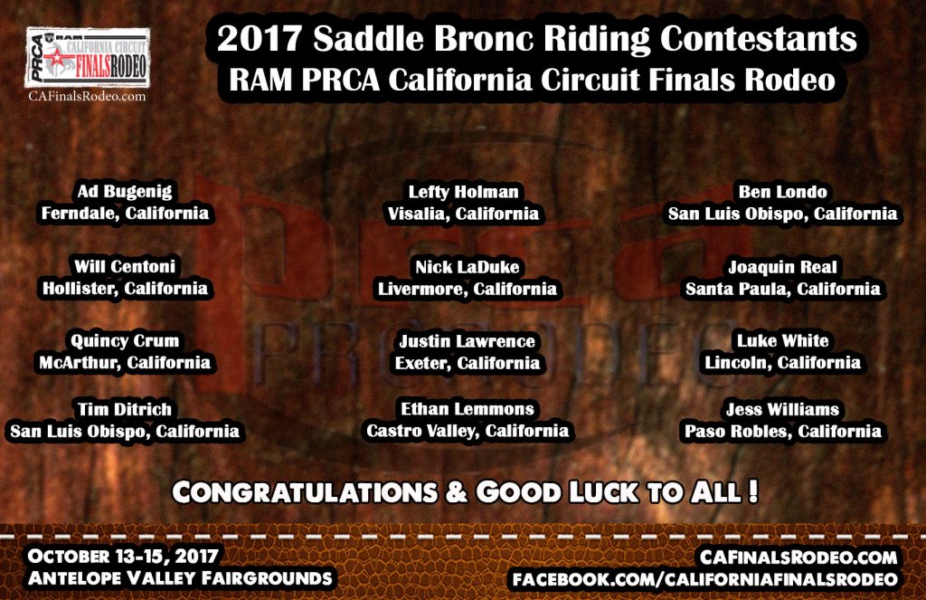 Presenting your 2017 RAM PRCA California Circuit Finals Rodeo - Saddle Bronc Riding Contestants