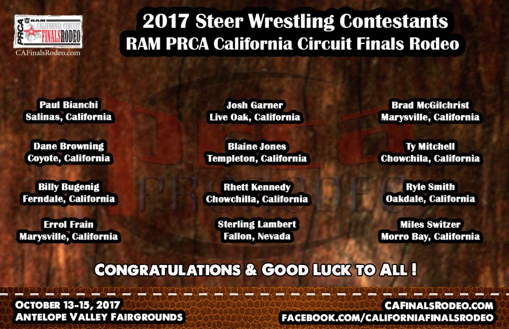 Presenting your 2017 RAM PRCA California Circuit Finals Rodeo - Steer Wrestling Contestants