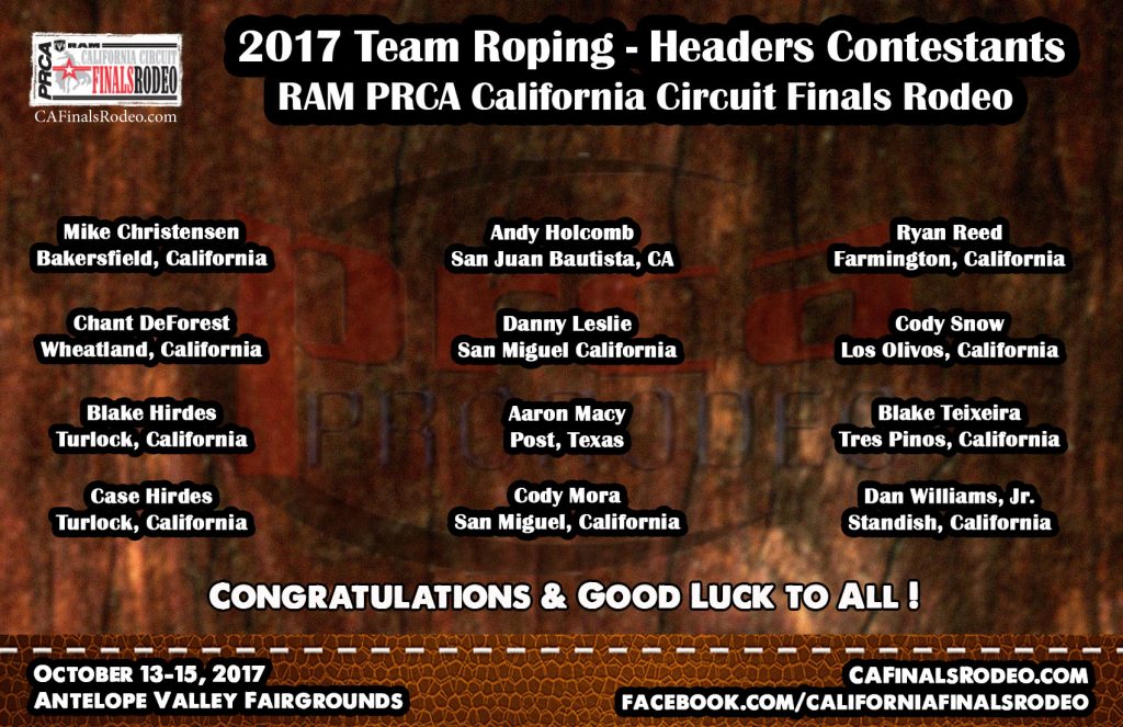 Presenting your 2017 RAM PRCA California Circuit Finals Rodeo Team Roping - Headers - Contestants