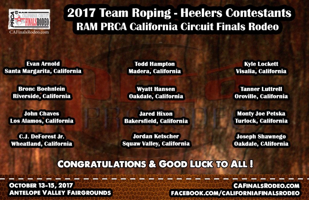 Presenting your 2017 RAM PRCA California Circuit Finals Rodeo Team Roping - Heelers - Contestants
