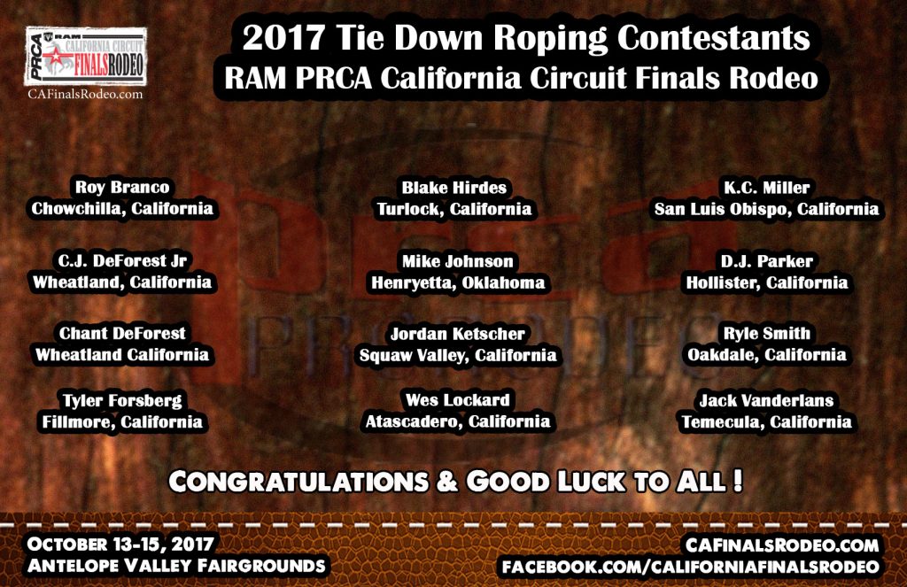 Presenting your 2017 RAM PRCA California Circuit Finals Rodeo Tie Down Roping Contestants