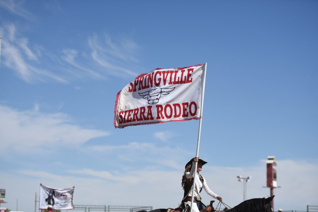 2016 Springville Sierra Rodeo Queen, Hailey Ladrigan, presenting her flag at the 2016 RAM PRCA California Circuit Finals Rodeo (photo by srn)