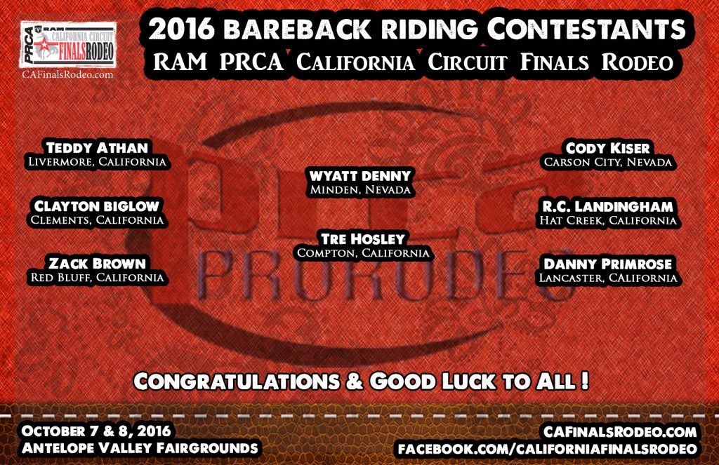 Presenting your 2016 RAM PRCA California Circuit Finals Rodeo Bareback Riding Contestants