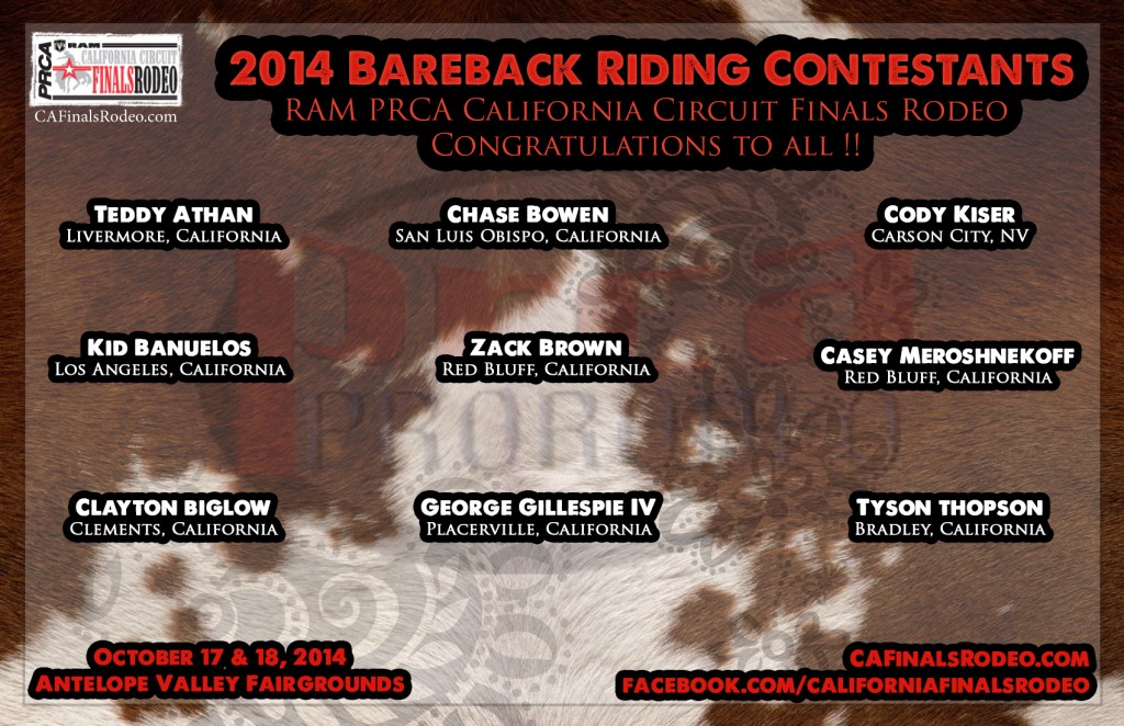 2014 RAM PRCA CA Circuit Finals Rodeo - Bareback Riding Contestants - Congratulations!!
