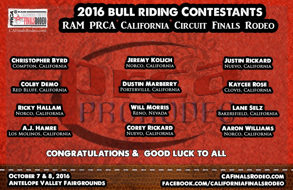 Presenting your 2016 RAM PRCA California Circuit Finals Rodeo Bull Riding Contestants