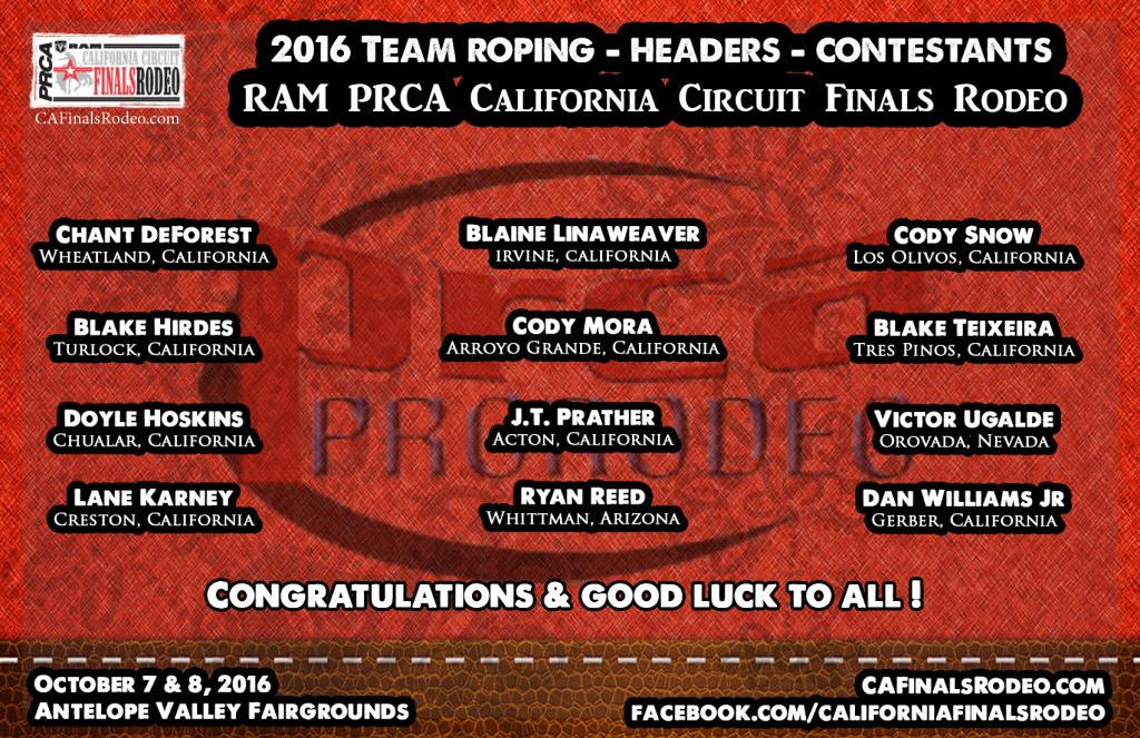 Presenting your 2016 RAM PRCA California Circuit Finals Rodeo Team Roping - Headers - Contestants