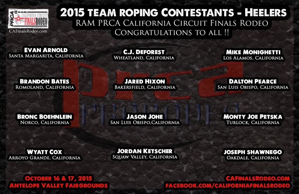 2015 RAM PRCA California Circuit Finals Rodeo Contestants - Team Roping - Heelers - Congrats to all !!