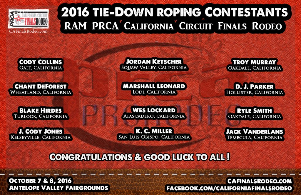 Presenting your 2016 RAM PRCA California Circuit Finals Rodeo Tie-Down Roping Contestants