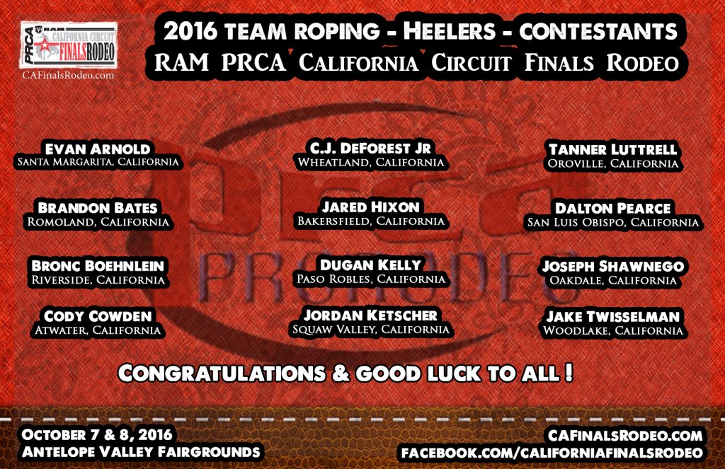 Presenting your 2016 RAM PRCA California Circuit Finals Rodeo Team Roping - Heelers - Contestants