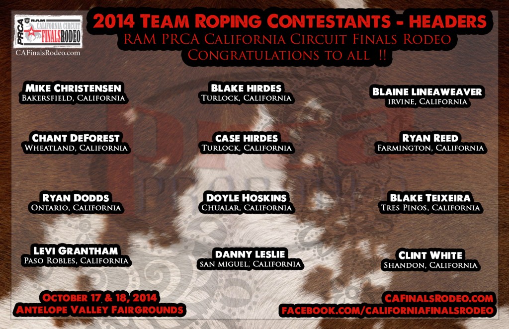 2014 RAM PRCA CA Circuit Finals Rodeo - Team Roping/Headers - Contestants - Congratulations