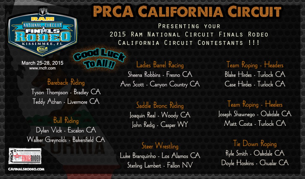 RAM National Circuit Finals Rodeo 2015 Contestants representing the PRCA and WPRA California Circuits Good Luck to All !!!