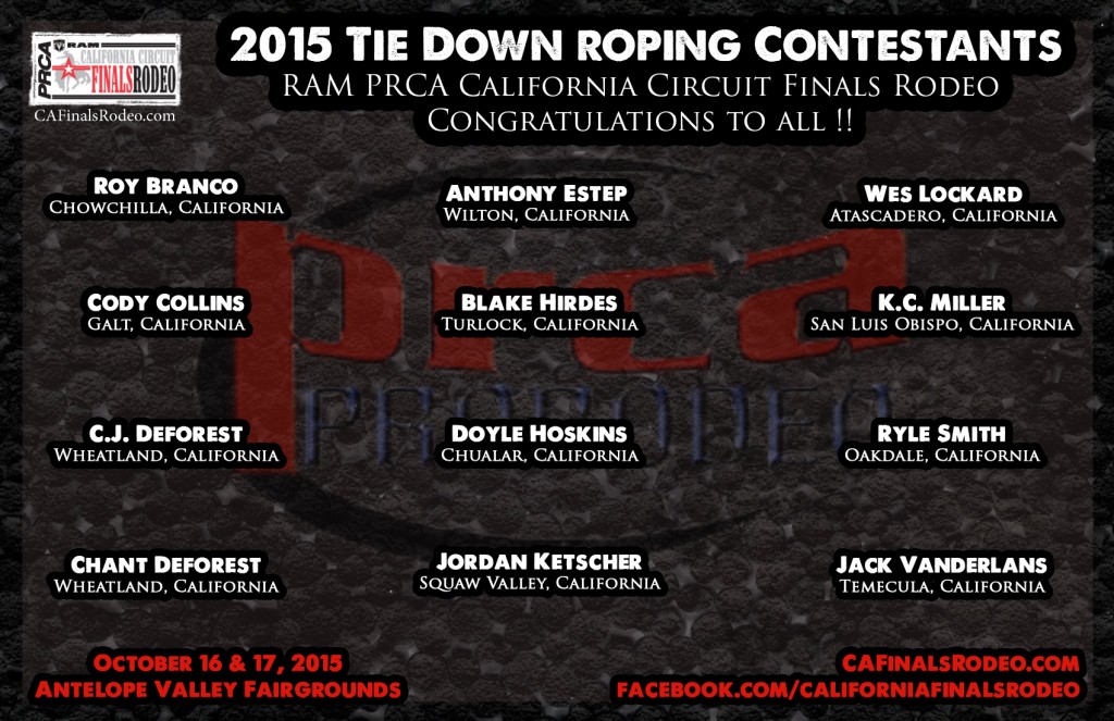2015 RAM PRCA California Circuit Finals Rodeo - Tie Down Roping Contestants - Congratulations to all !!