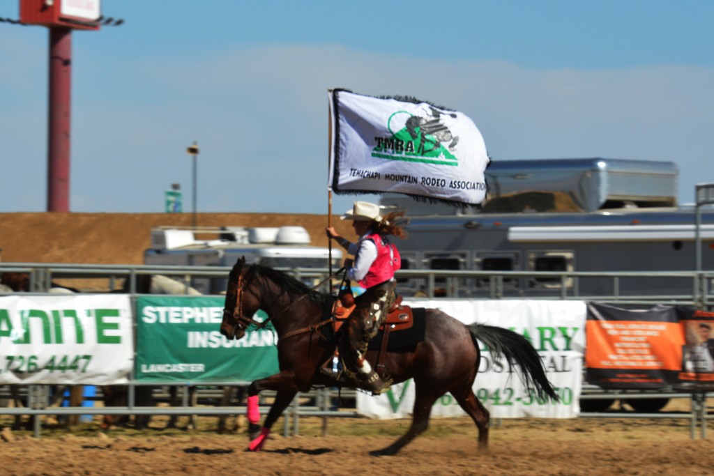 The proud banner of the Tehachapi Mountain PRCA Rodeo being presented at the 2014 RAM PRCA California Circuit Finals Rodeo!  Thank you for your support!